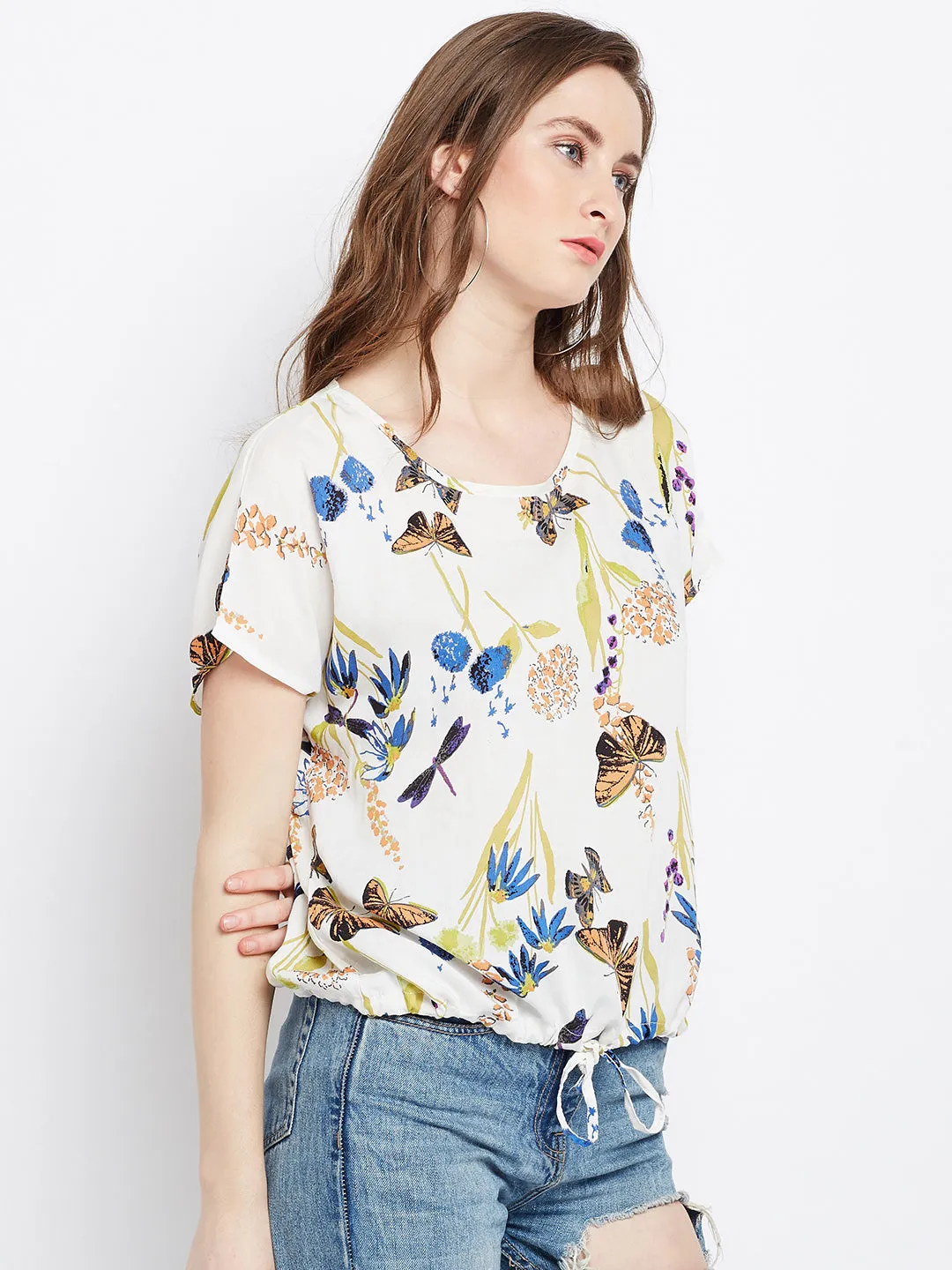 Berrylush Women White & Blue Butterfly Printed Round Neck Waist Tie-Up Regular Top