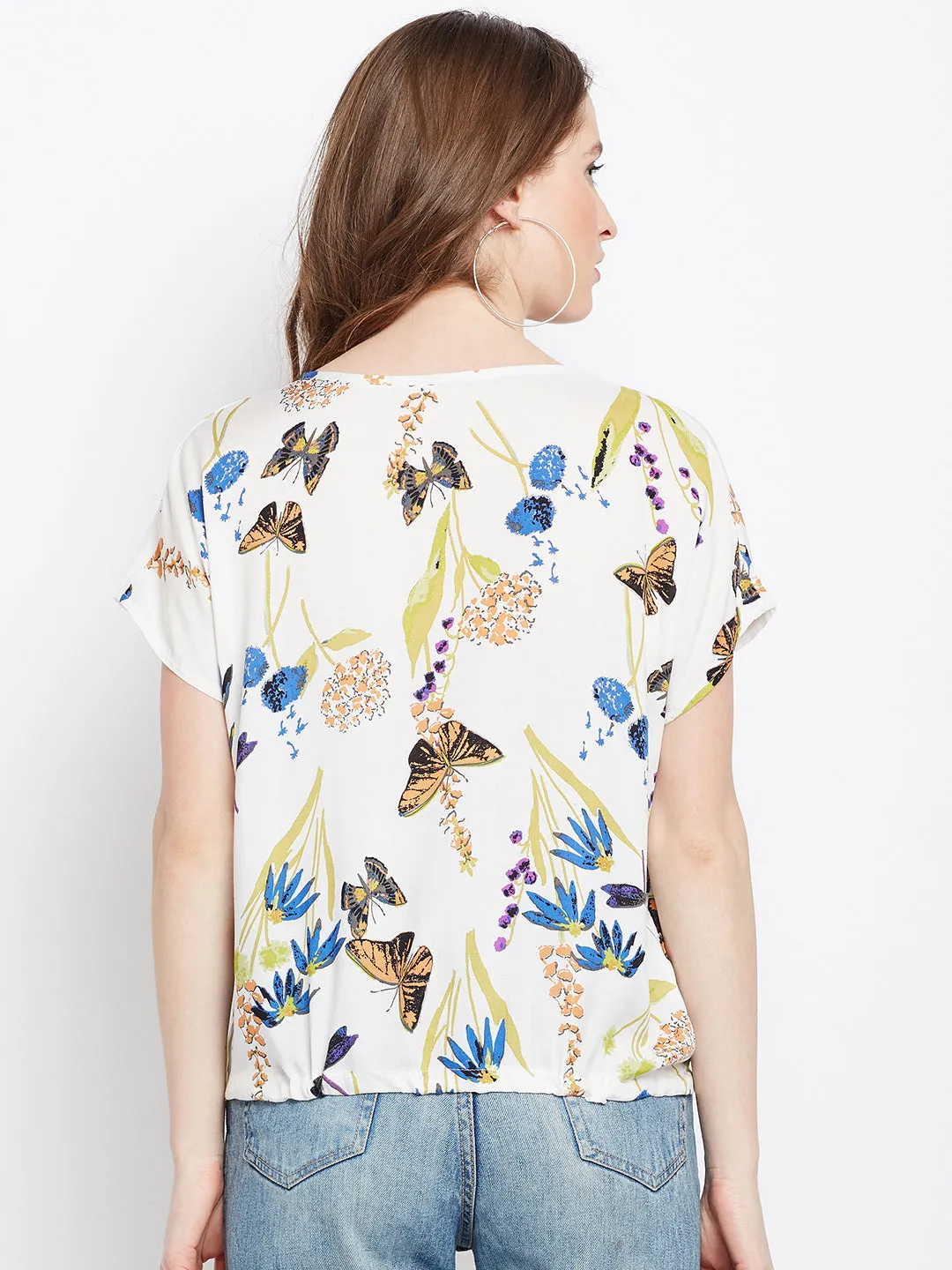 Berrylush Women White & Blue Butterfly Printed Round Neck Waist Tie-Up Regular Top