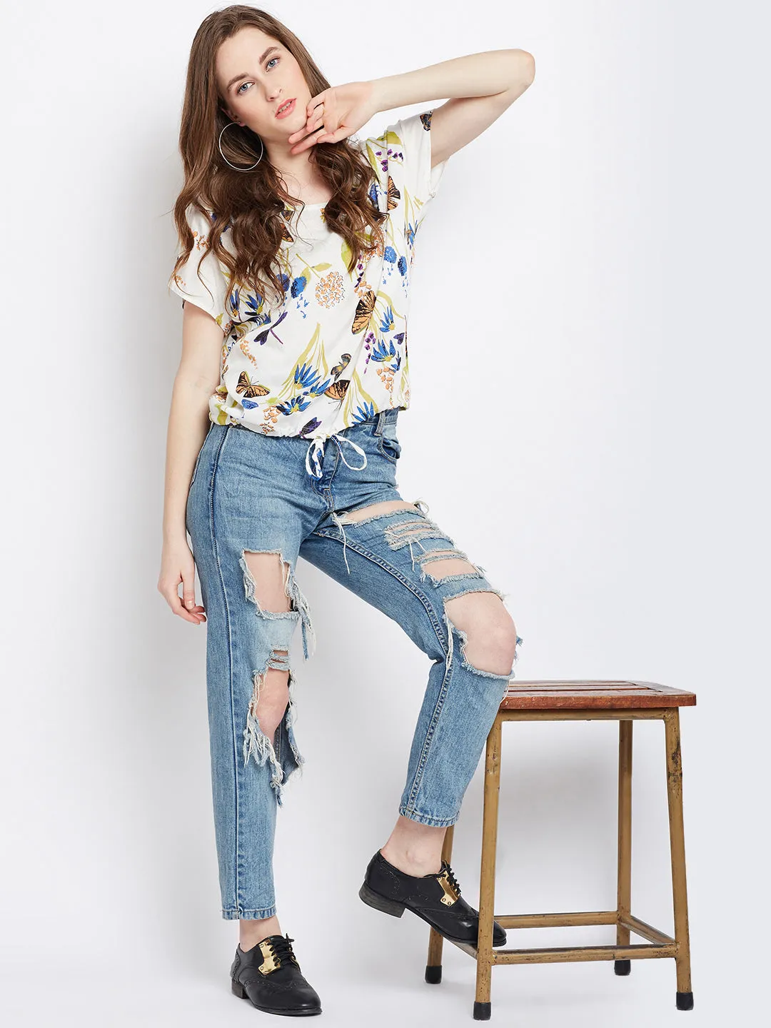 Berrylush Women White & Blue Butterfly Printed Round Neck Waist Tie-Up Regular Top