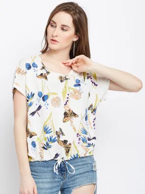 Berrylush Women White & Blue Butterfly Printed Round Neck Waist Tie-Up Regular Top