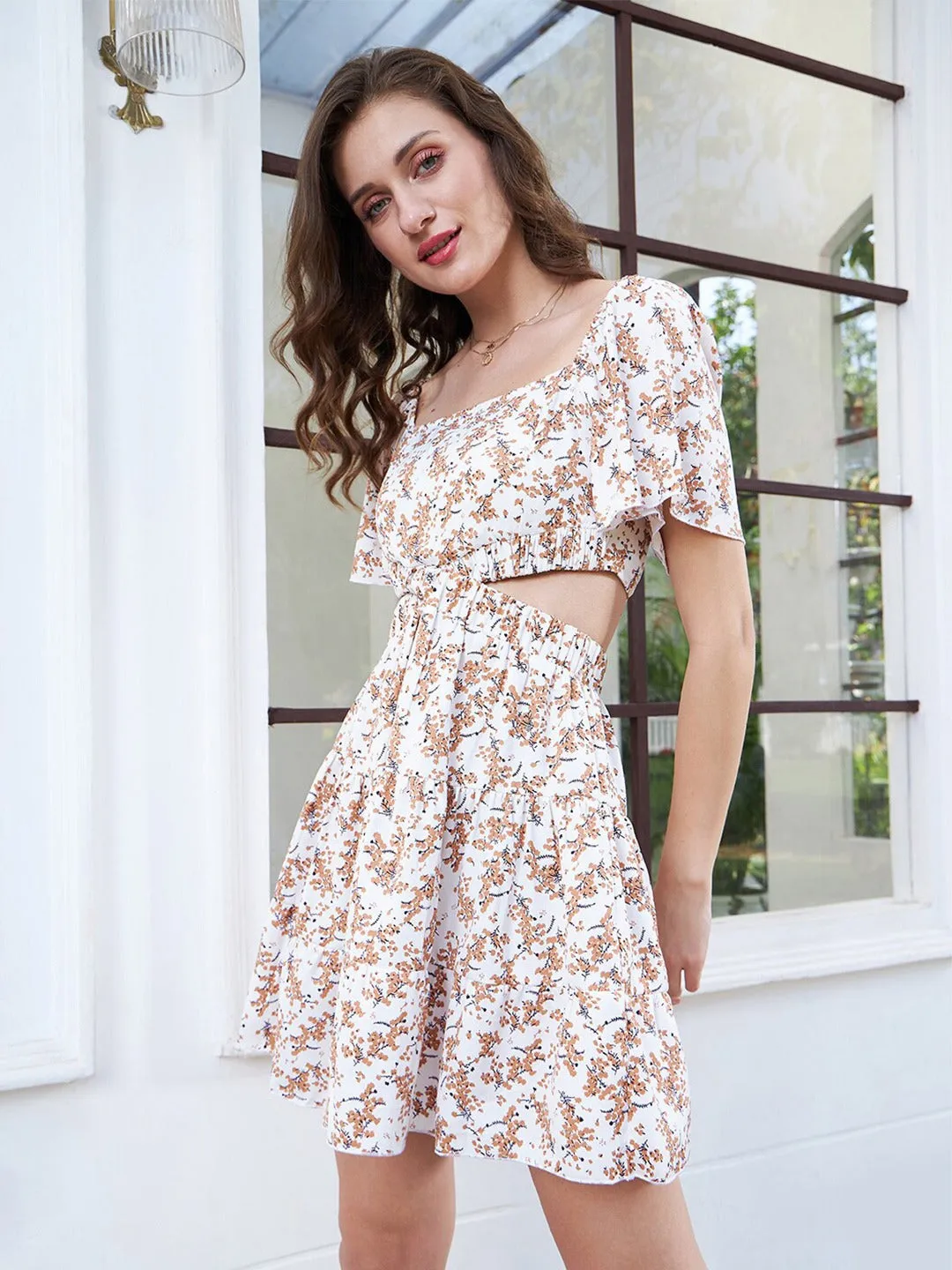 Berrylush Women White & Brown Floral Printed Square Neck Flutter Sleeves Cutout Crepe Fit & Flare Mini Dress