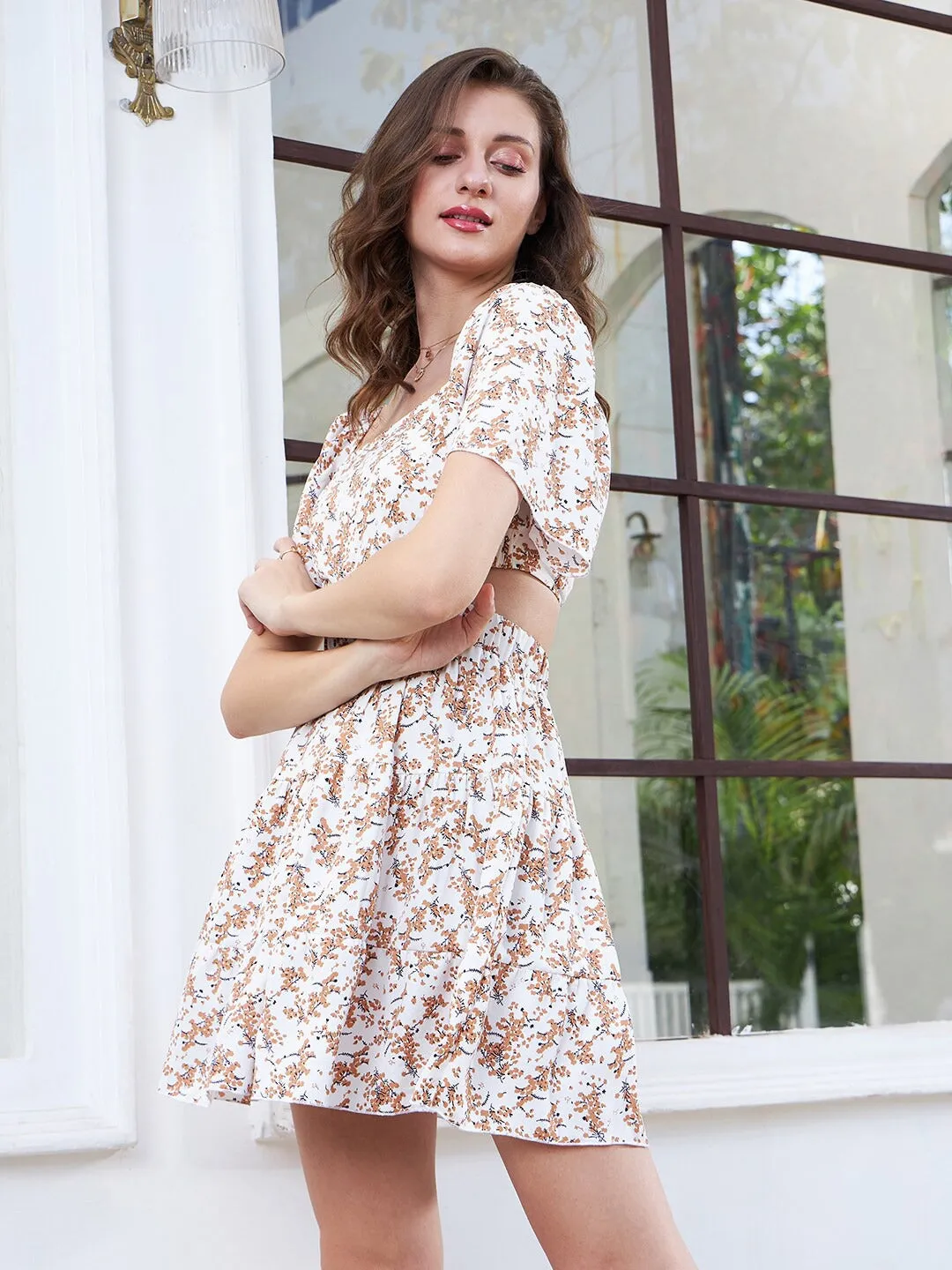 Berrylush Women White & Brown Floral Printed Square Neck Flutter Sleeves Cutout Crepe Fit & Flare Mini Dress