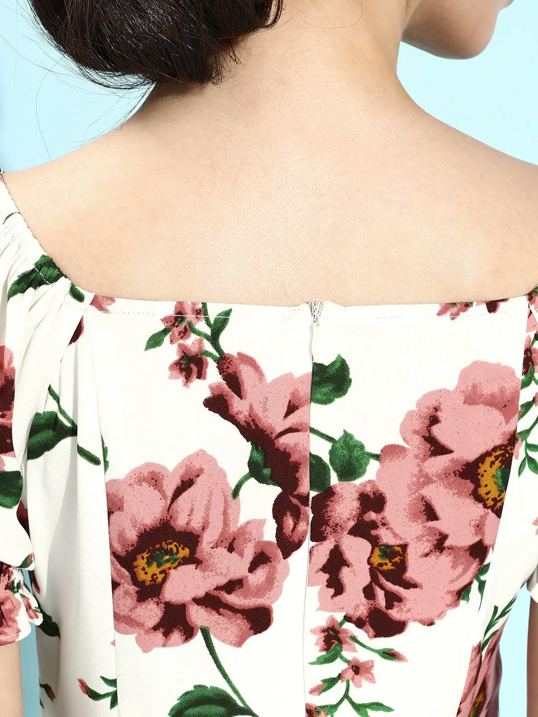 Berrylush Women White & Pink Floral Printed Tie-Up Neck Ruffled A-Line Mini Dress