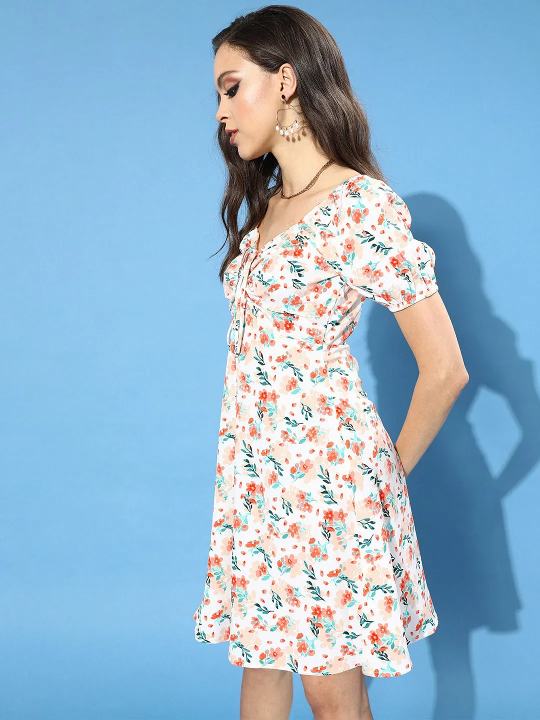 Berrylush Woven White Floral Printed Tie-Up Crepe A-Line Mini Dress