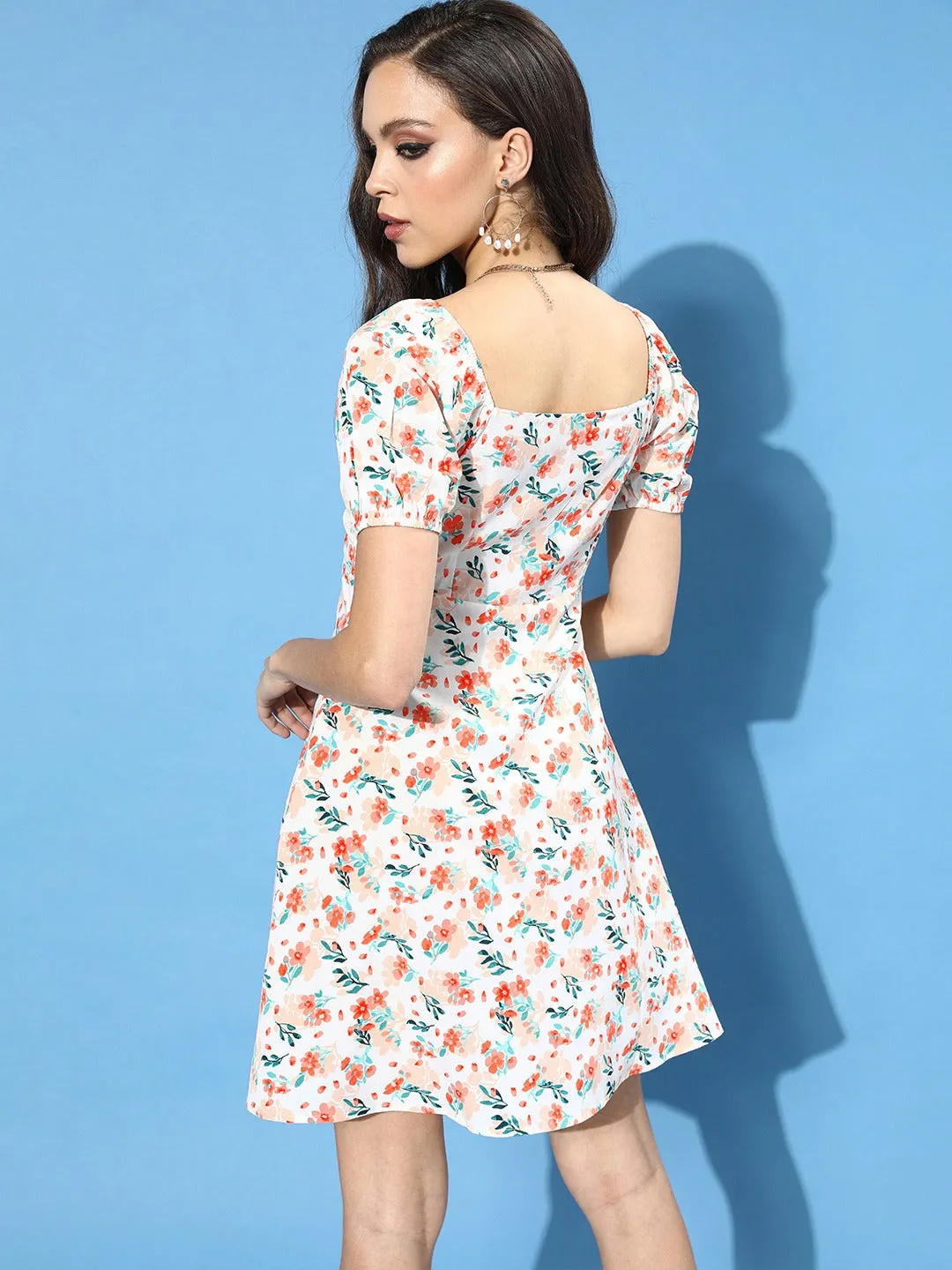 Berrylush Woven White Floral Printed Tie-Up Crepe A-Line Mini Dress