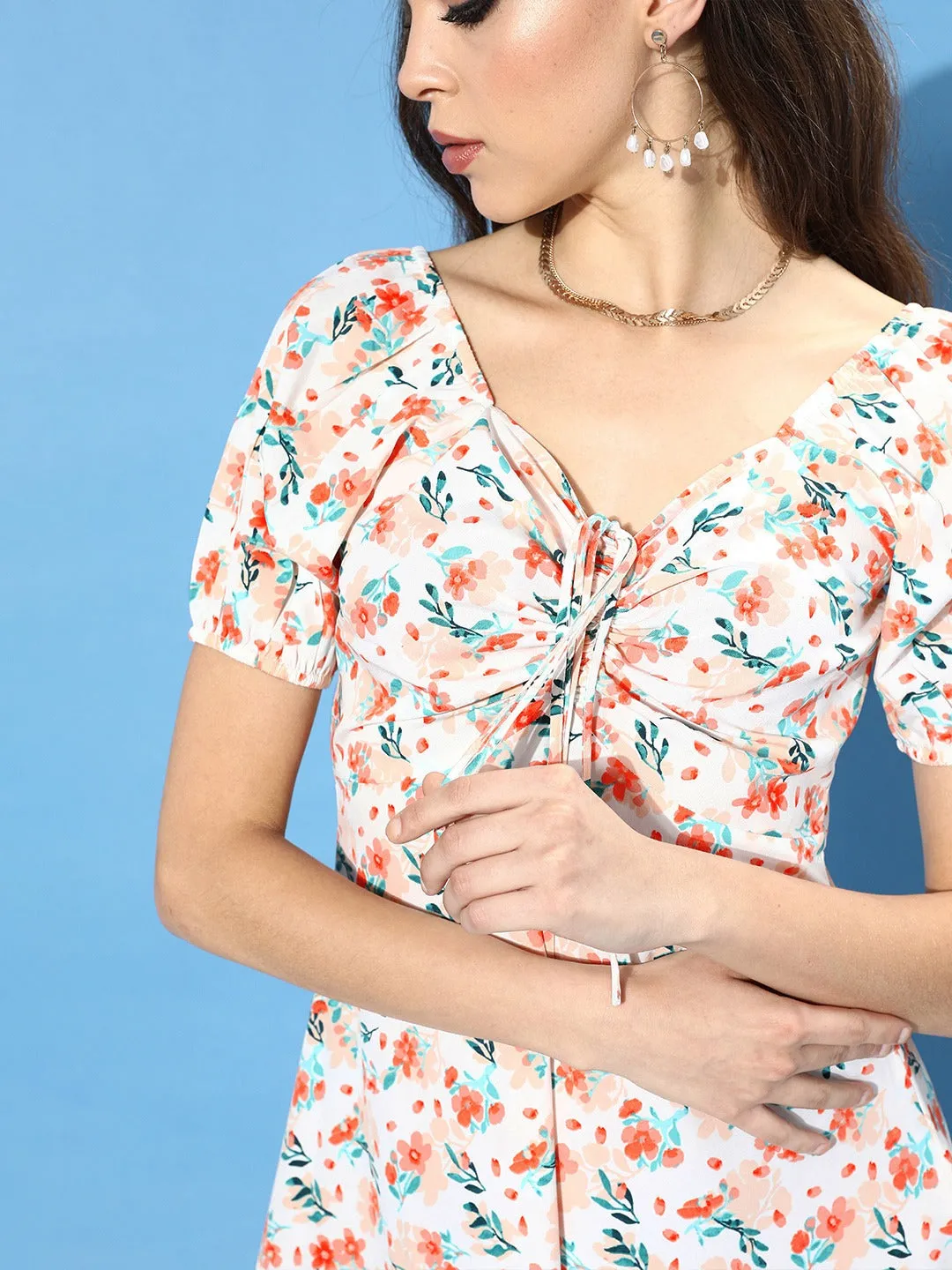 Berrylush Woven White Floral Printed Tie-Up Crepe A-Line Mini Dress