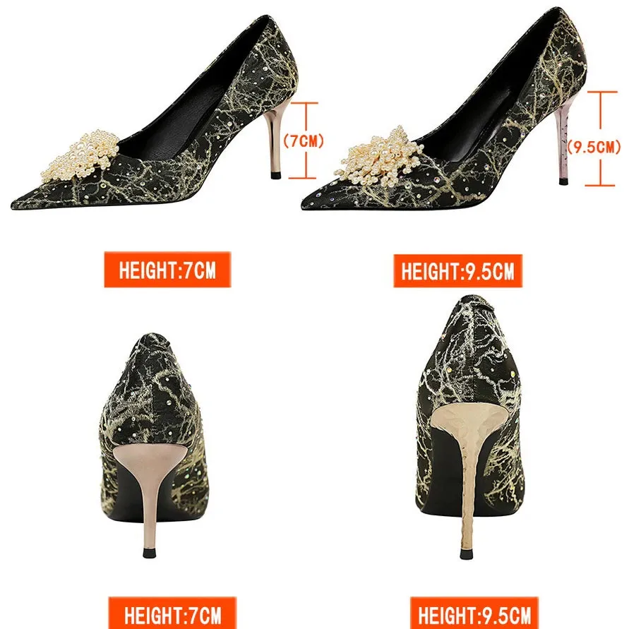 BIGTREE Shoes Pearl Flowers Woman Pumps Rhinestone High Heels