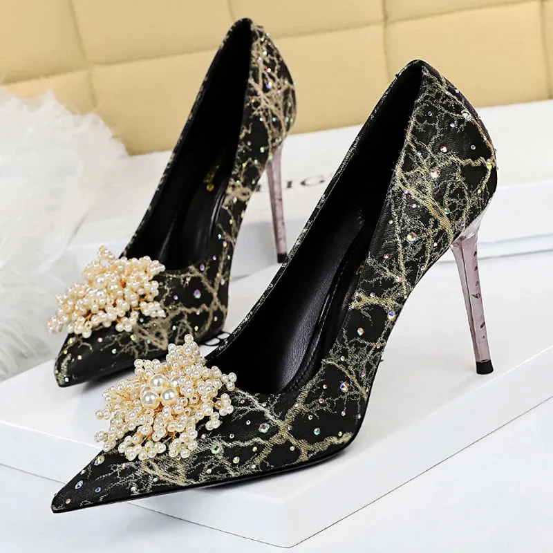 BIGTREE Shoes Pearl Flowers Woman Pumps Rhinestone High Heels