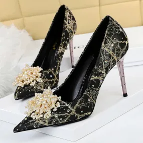 BIGTREE Shoes Pearl Flowers Woman Pumps Rhinestone High Heels