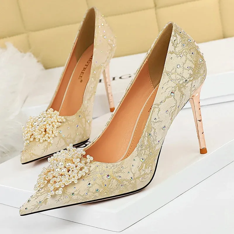 BIGTREE Shoes Pearl Flowers Woman Pumps Rhinestone High Heels