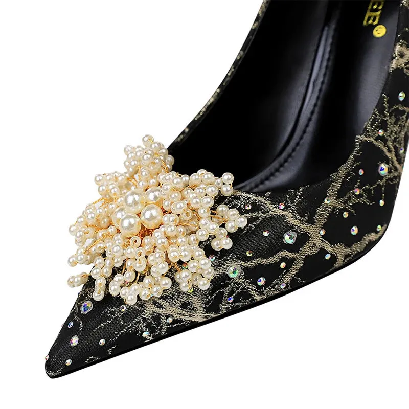 BIGTREE Shoes Pearl Flowers Woman Pumps Rhinestone High Heels