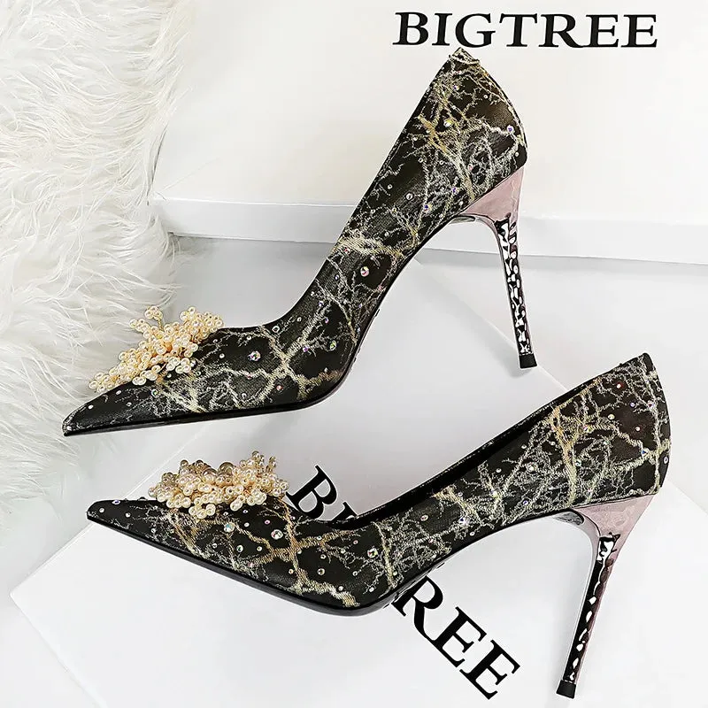 BIGTREE Shoes Pearl Flowers Woman Pumps Rhinestone High Heels