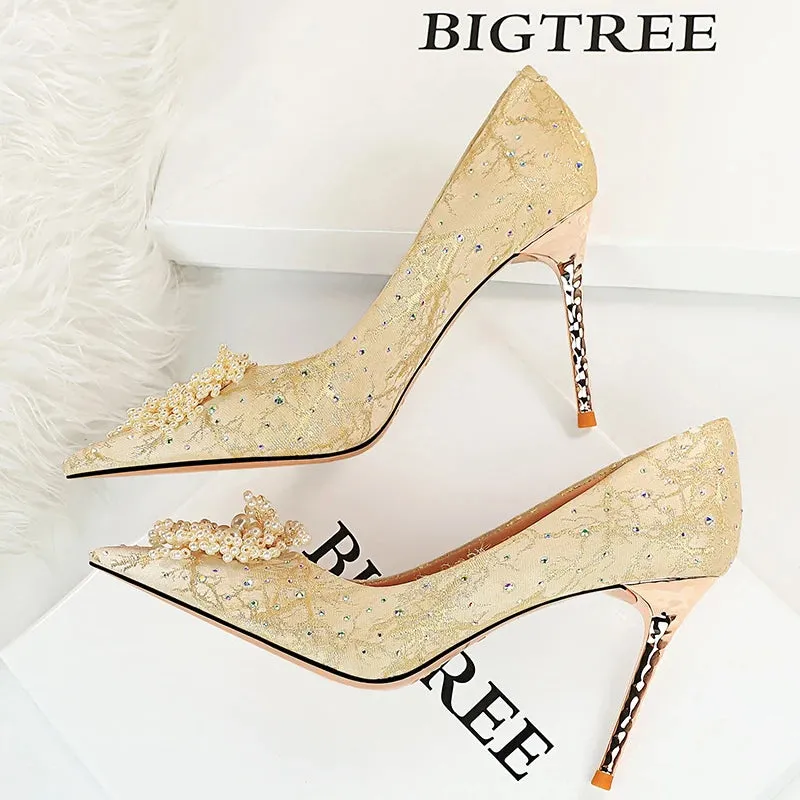 BIGTREE Shoes Pearl Flowers Woman Pumps Rhinestone High Heels