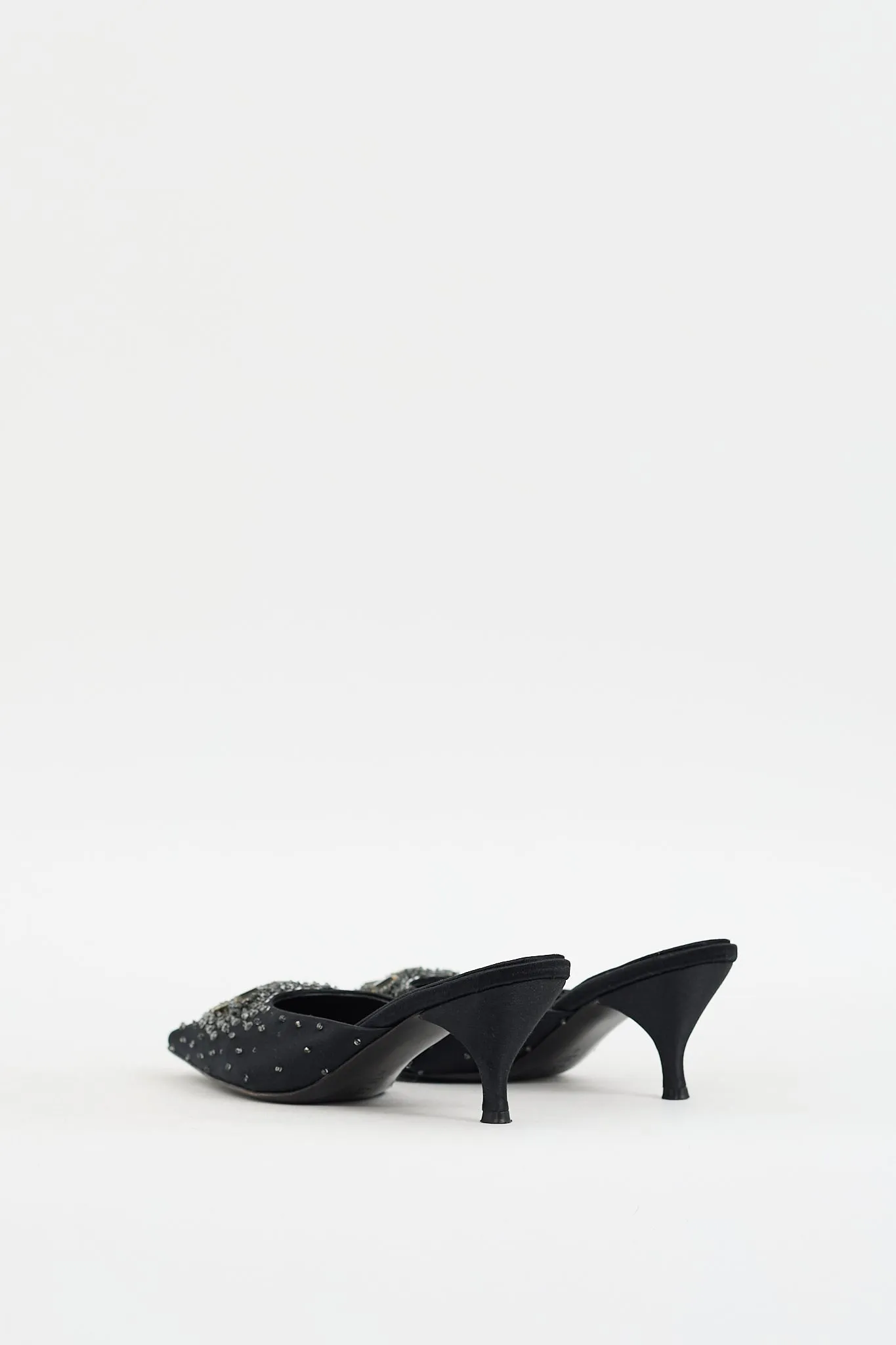 Black Satin Embellished Pointed Toe Mule