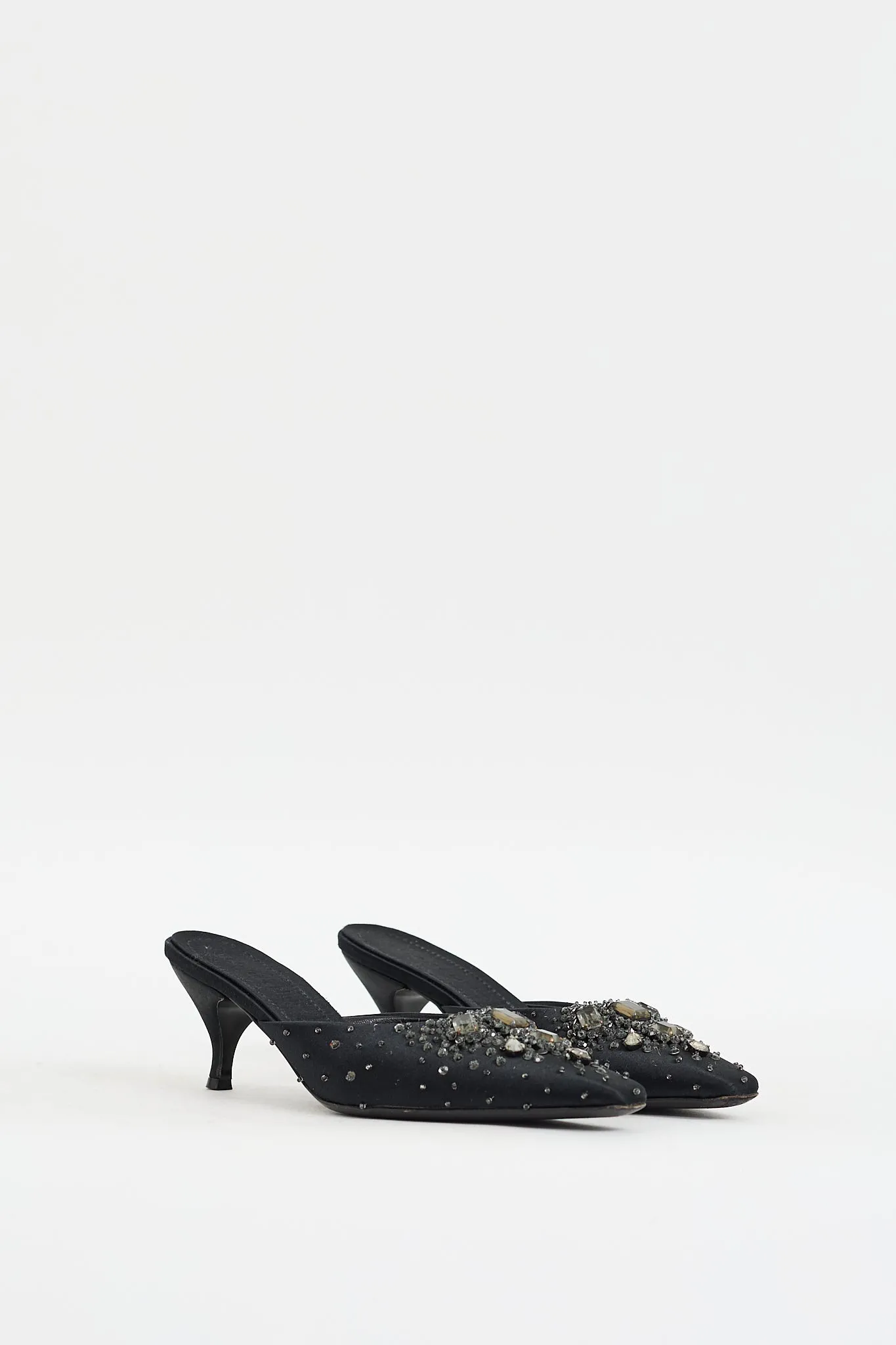 Black Satin Embellished Pointed Toe Mule