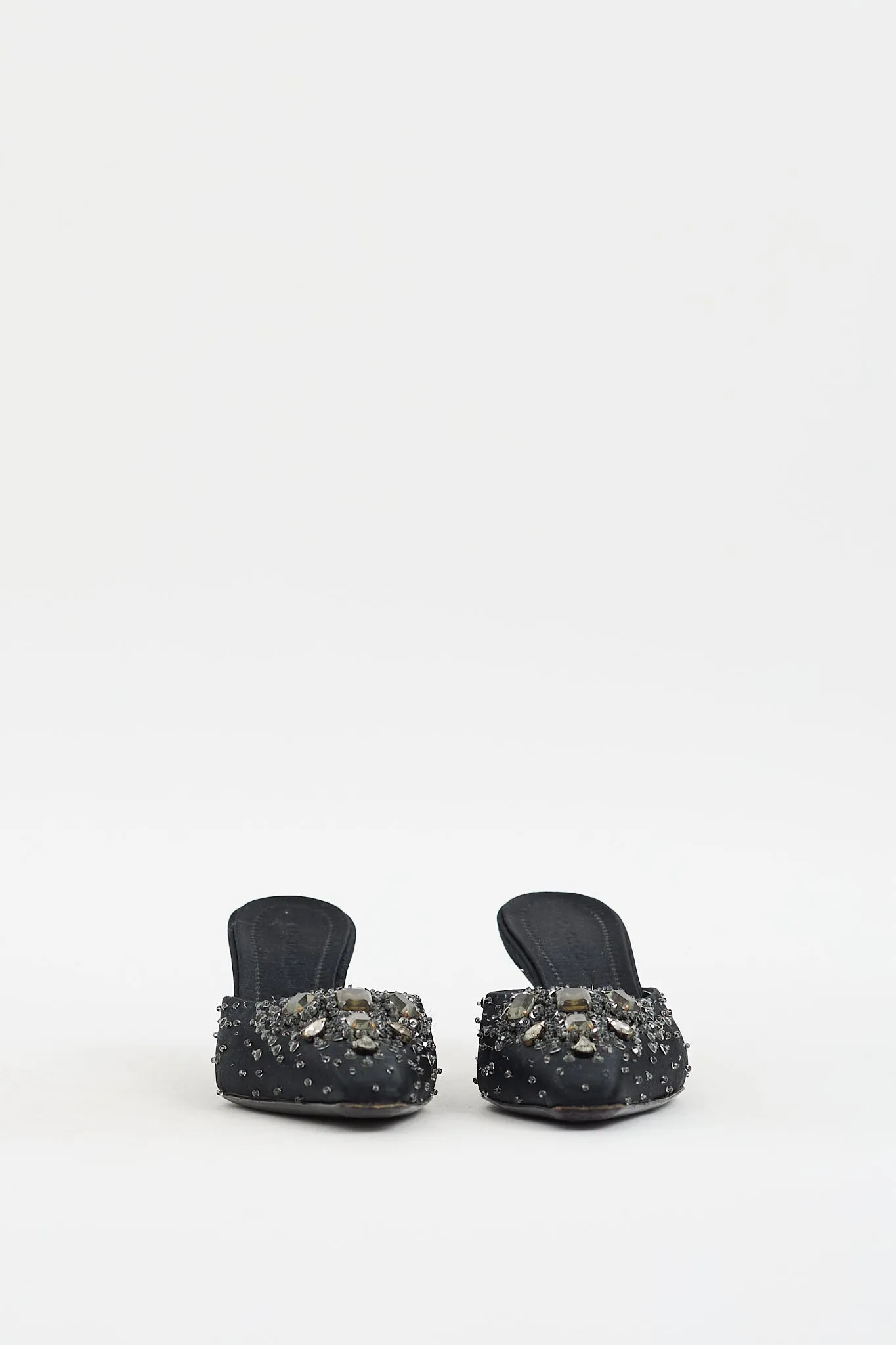 Black Satin Embellished Pointed Toe Mule