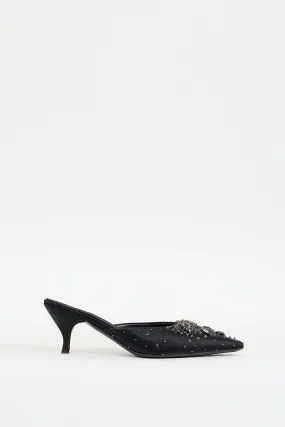 Black Satin Embellished Pointed Toe Mule
