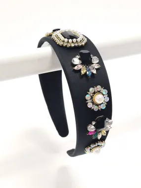Black Satin Muti Colour Crystal & Pearl Hair Band
