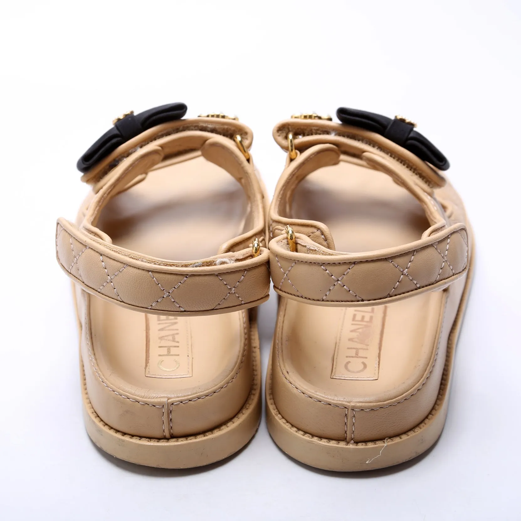 CC Pearl Bow Lambskin Dad Sandals Size 38 Tan/Black