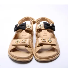 CC Pearl Bow Lambskin Dad Sandals Size 38 Tan/Black