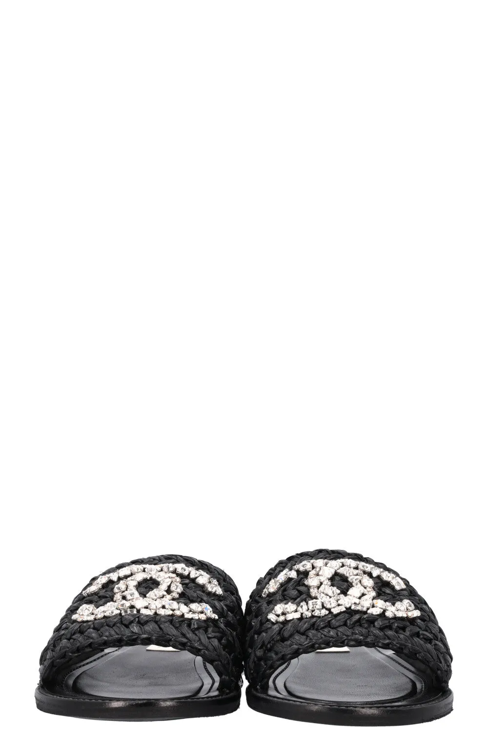 CHANEL 2023 Raffia CC Crystal Flats Black