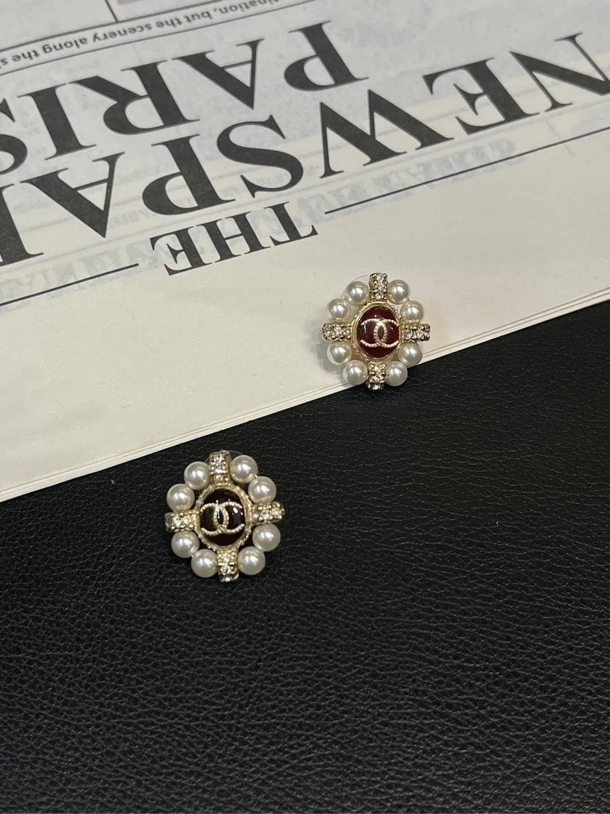 Chanel Camellia Red Pearl Stud Earrings