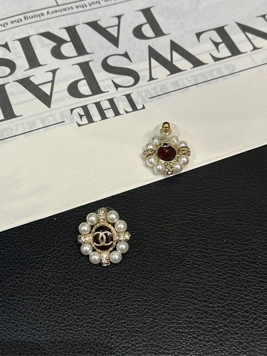 Chanel Camellia Red Pearl Stud Earrings