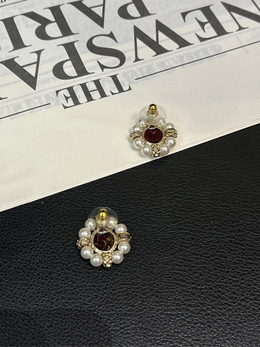 Chanel Camellia Red Pearl Stud Earrings