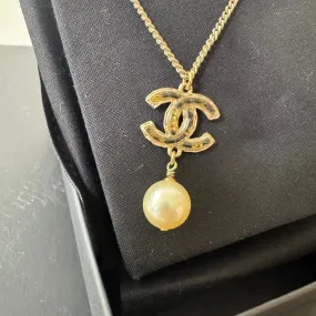 Chanel Gold CC Pearl Pendant Necklace