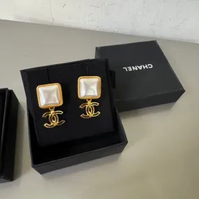 Chanel Gold Pearl Logo Drop Earrings Square