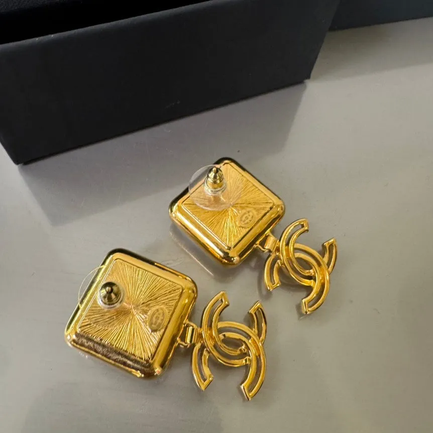 Chanel Gold Pearl Logo Drop Earrings Square
