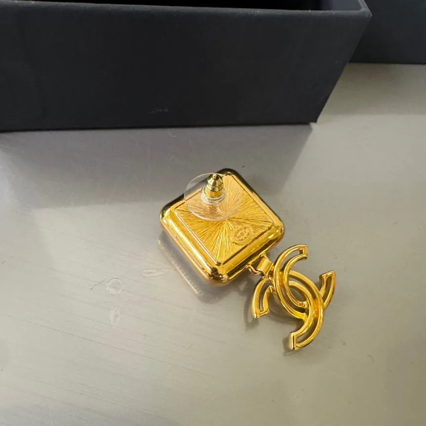Chanel Gold Pearl Logo Drop Earrings Square