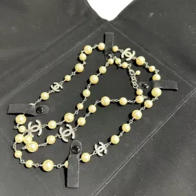 Chanel Gold Pearl Silver Tone CC Logo Long Necklace
