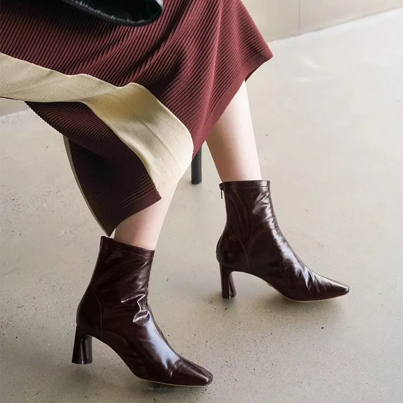 Classic Leather Slimming Boots Elegant Glove-Like Ankle Boots High Heel Back Zip Boots in Red/Black