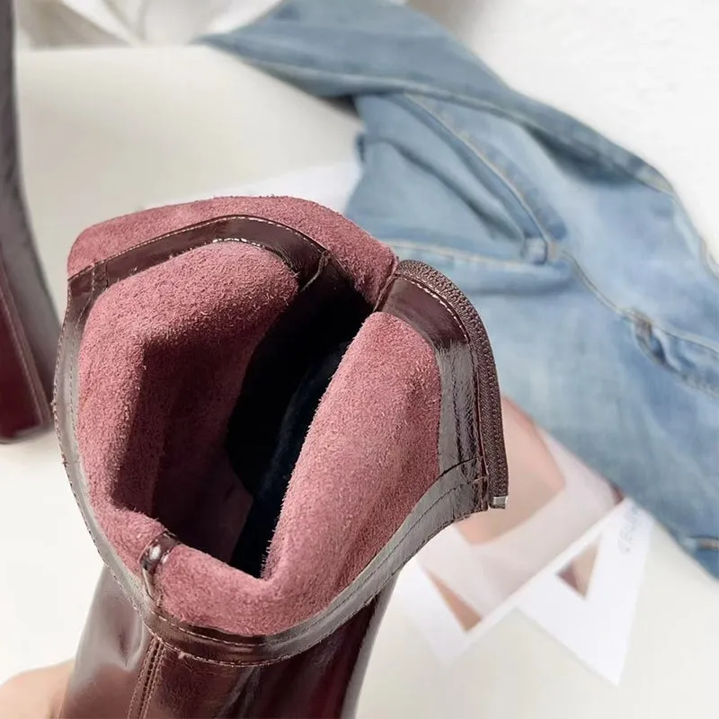 Classic Leather Slimming Boots Elegant Glove-Like Ankle Boots High Heel Back Zip Boots in Red/Black