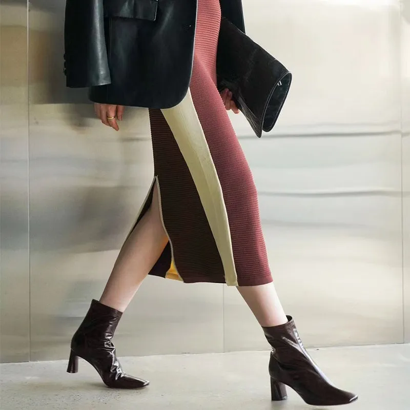 Classic Leather Slimming Boots Elegant Glove-Like Ankle Boots High Heel Back Zip Boots in Red/Black