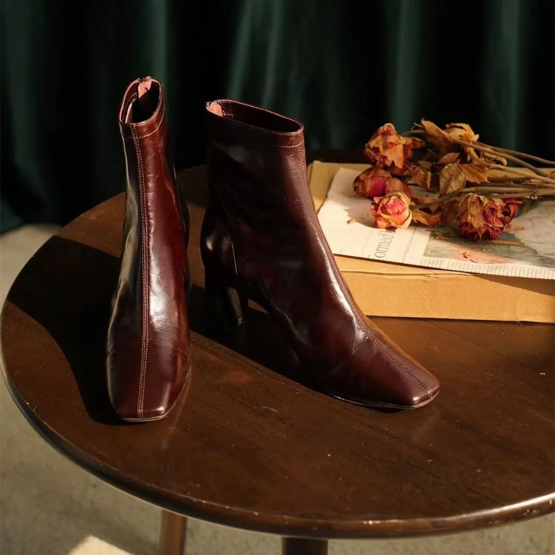 Classic Leather Slimming Boots Elegant Glove-Like Ankle Boots High Heel Back Zip Boots in Red/Black