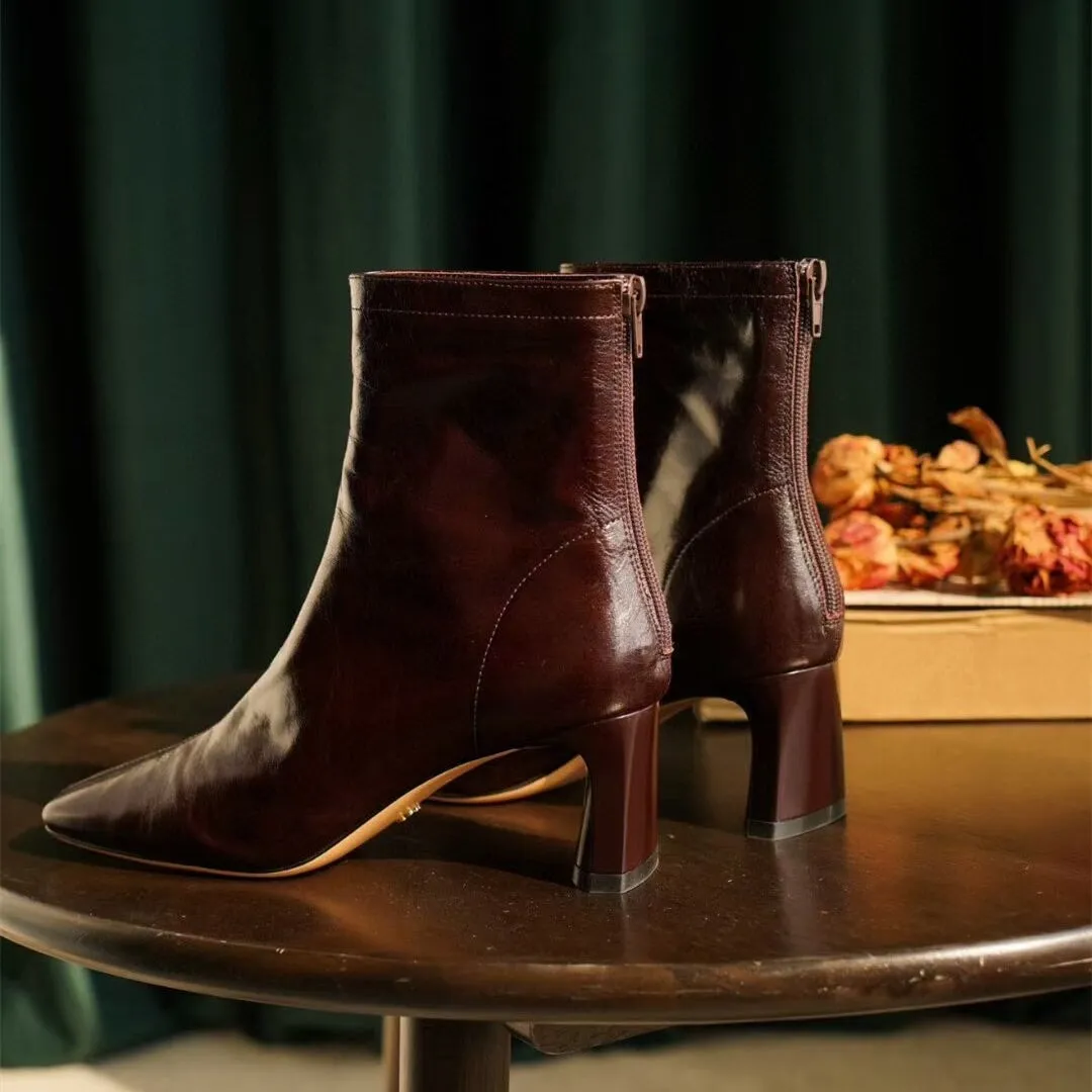 Classic Leather Slimming Boots Elegant Glove-Like Ankle Boots High Heel Back Zip Boots in Red/Black