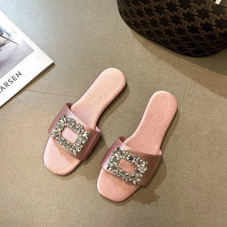 Cleo Rhinestone Embellishment Satin Slippers - 6 Colors