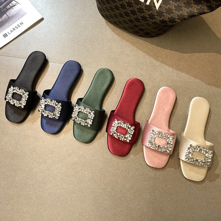 Cleo Rhinestone Embellishment Satin Slippers - 6 Colors
