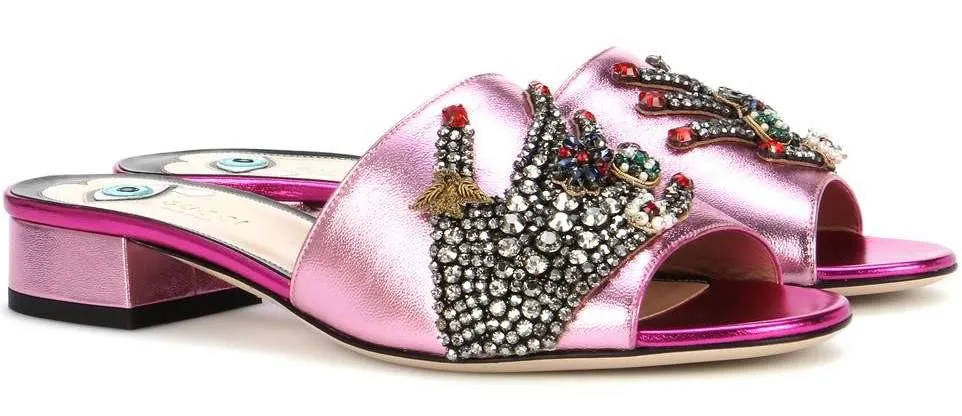 Crystal-Embellished Metallic Leather Sandals, Pink