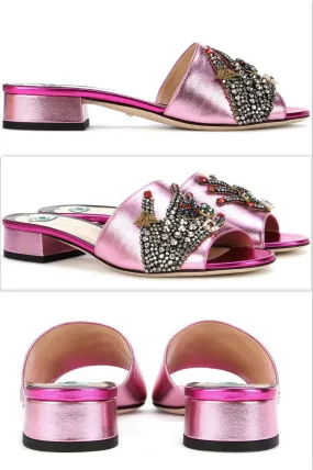 Crystal-Embellished Metallic Leather Sandals, Pink