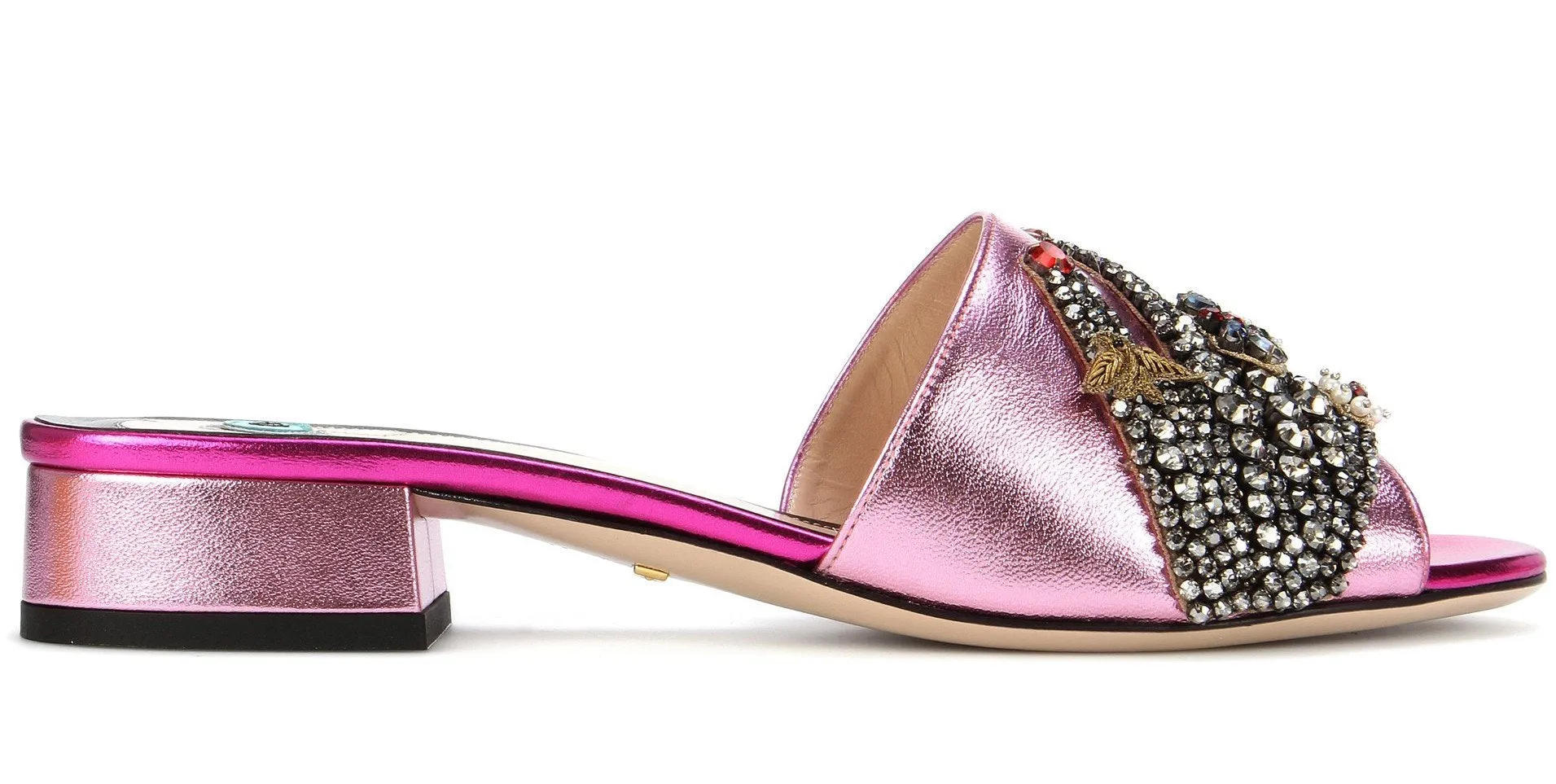 Crystal-Embellished Metallic Leather Sandals, Pink