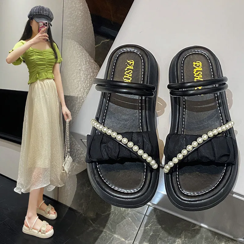 DUNNMALL  Fairy Style Women's Sandals  Summer New Rhinestone Pearl Two-Way Sandals Student Bai Match Roman Style Slippers Fashion