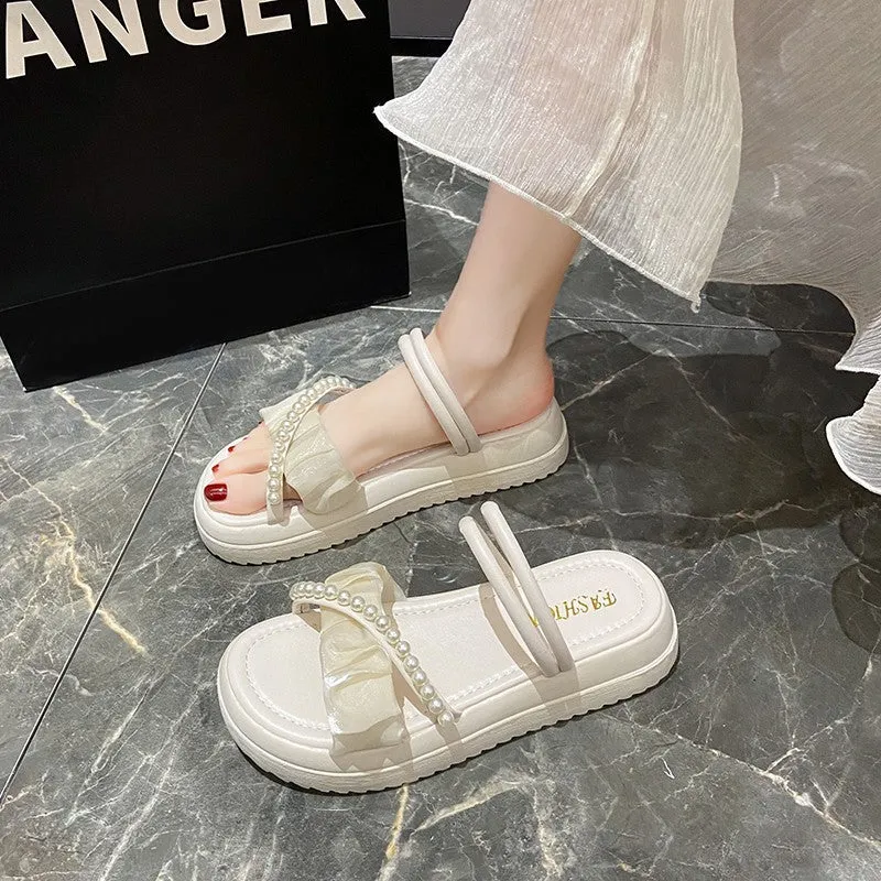 DUNNMALL  Fairy Style Women's Sandals  Summer New Rhinestone Pearl Two-Way Sandals Student Bai Match Roman Style Slippers Fashion