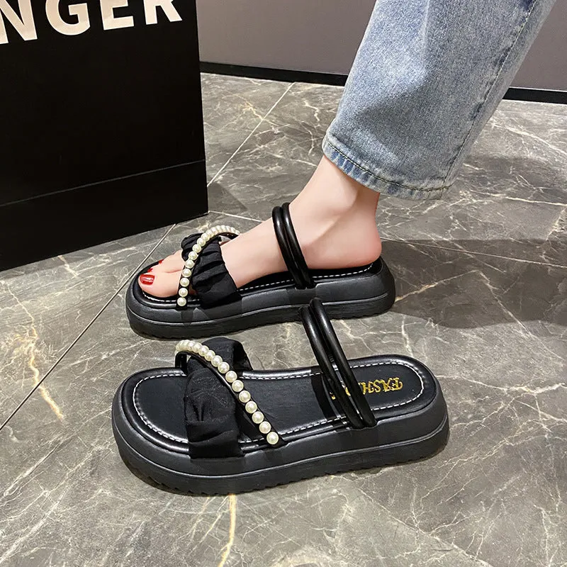 DUNNMALL  Fairy Style Women's Sandals  Summer New Rhinestone Pearl Two-Way Sandals Student Bai Match Roman Style Slippers Fashion