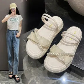 DUNNMALL  Fairy Style Women's Sandals  Summer New Rhinestone Pearl Two-Way Sandals Student Bai Match Roman Style Slippers Fashion