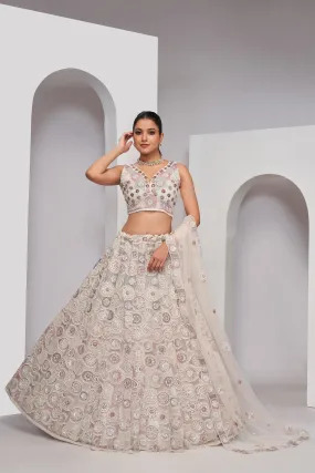 Elegant White Floral Embroidered Lehenga Set with Dupatta