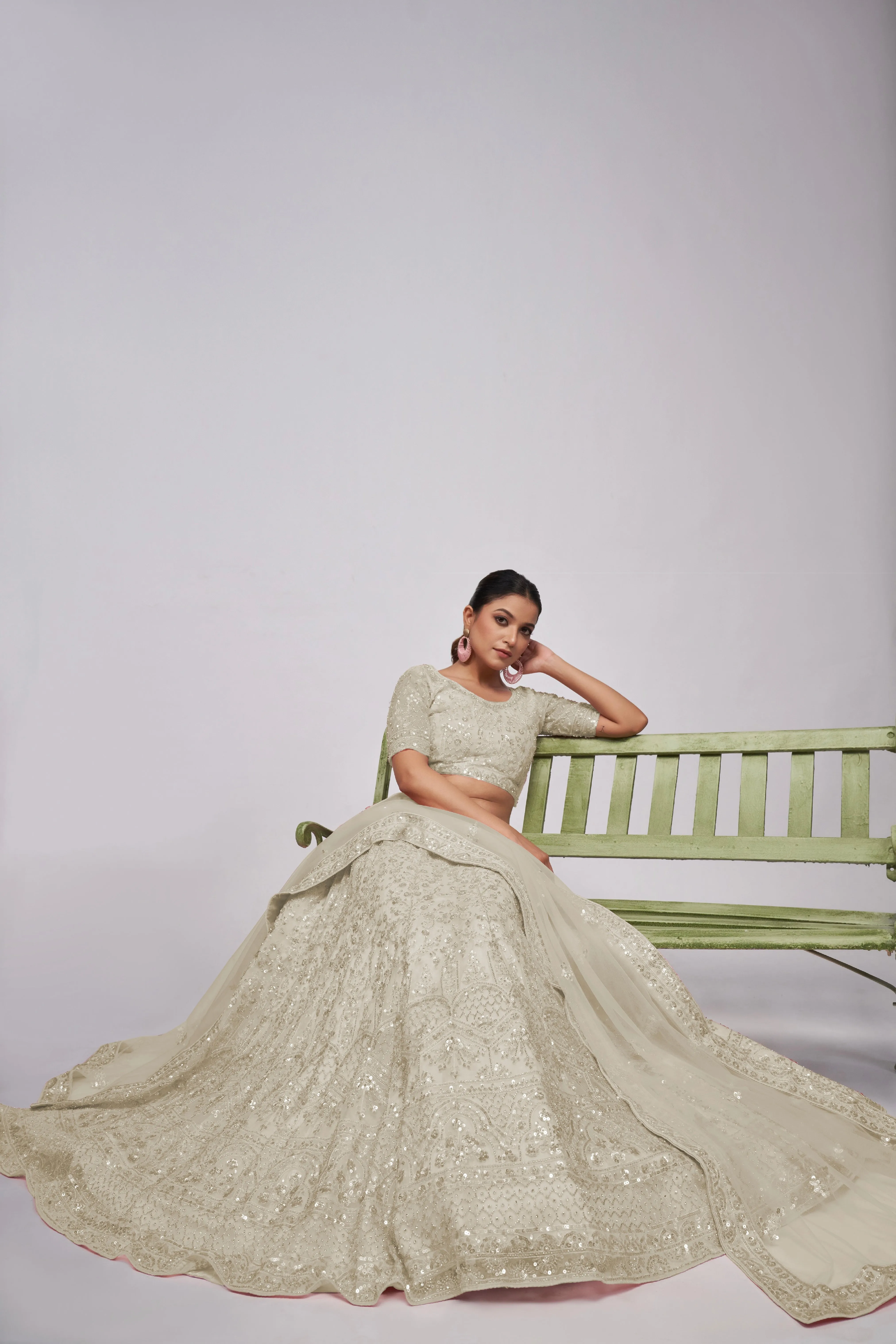 Elegant White Lehenga Set with Cutdana & Sequins Embroidery