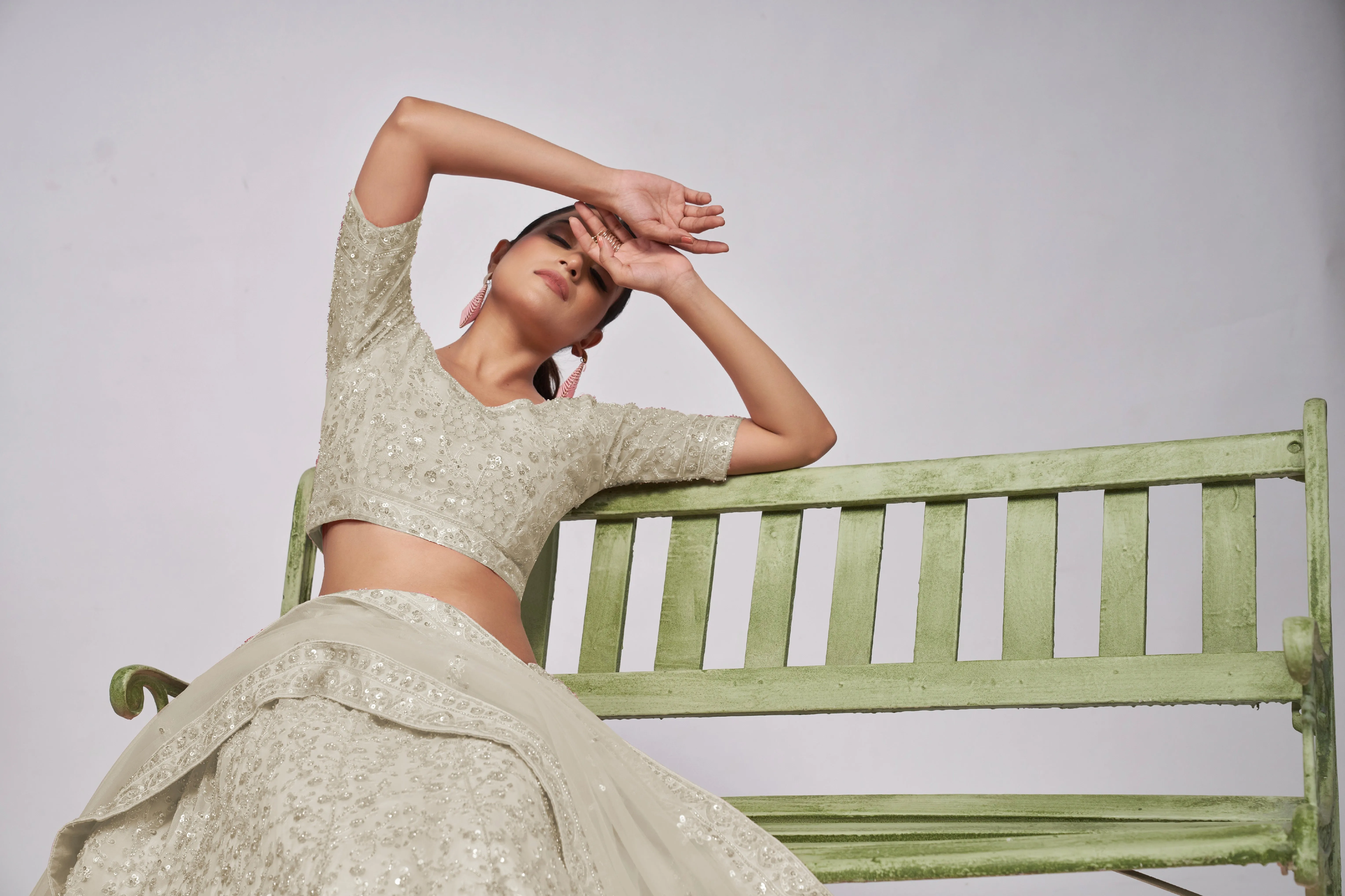 Elegant White Lehenga Set with Cutdana & Sequins Embroidery